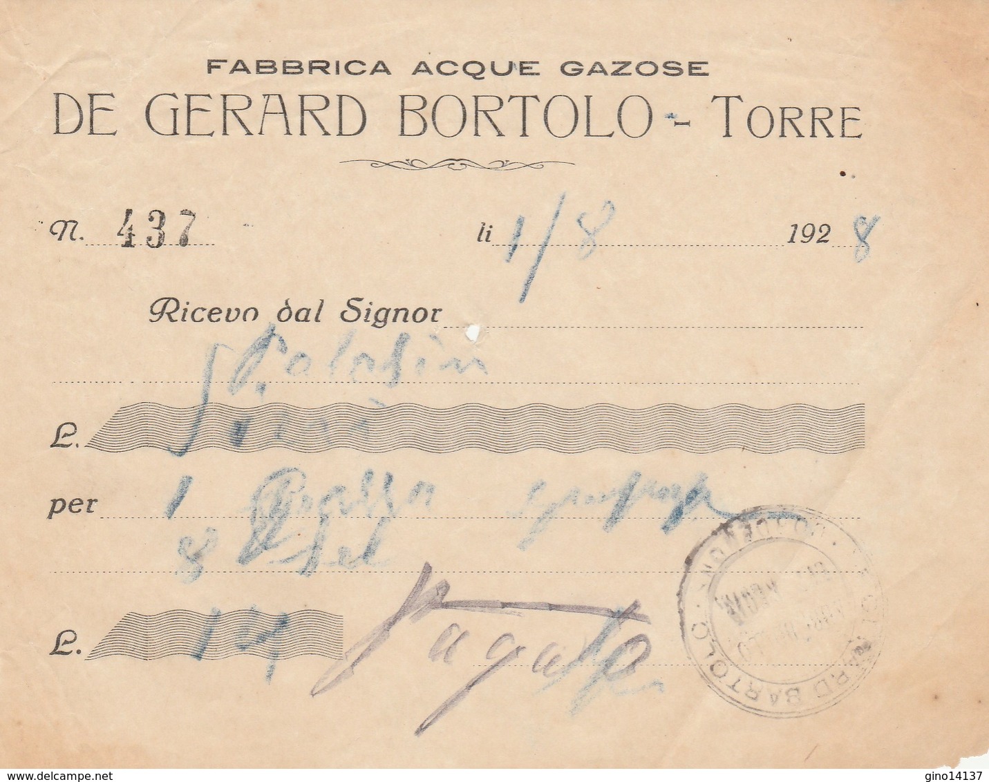 Ricevuta Originale Del 1928 - DE GERARD BORTOLO - Fabbrica Acque Gazose Di Torre - Italia