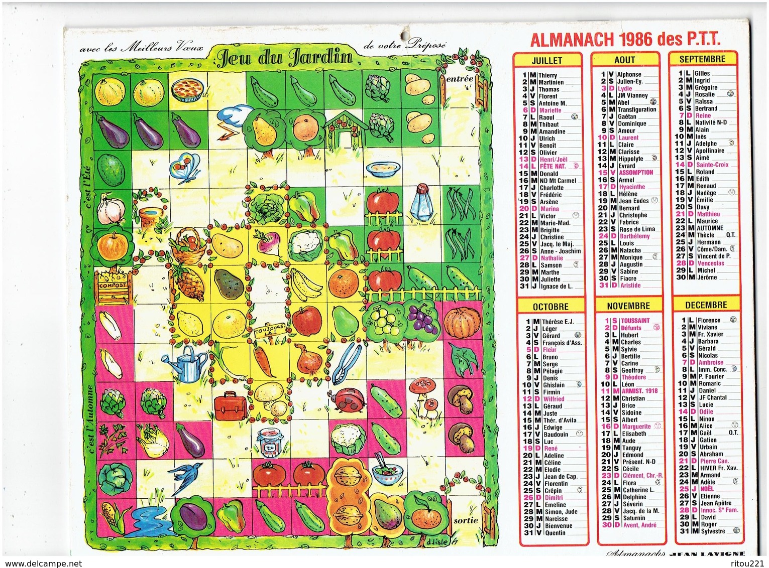 Grand Calendrier 1986 PARIS Jeu De L'oie DU JARDIN Escargot Asperge Artichaud Champignon Recette Queue écrevisse CAROTTE - Grand Format : 1981-90