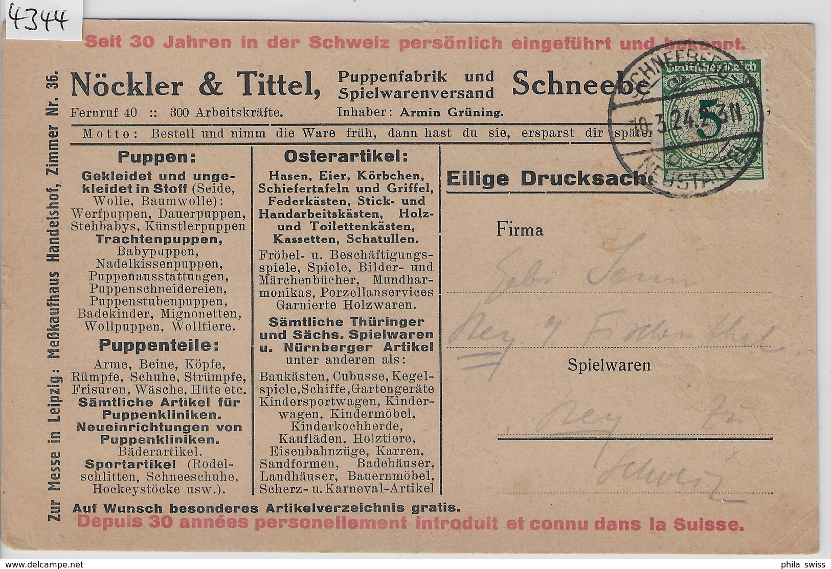 1924 Nöckler & Tittel Puppenfabrik Schneeberg-Neustädtel Werbung Reklame Illustriert 339 10.3.24 - Briefe U. Dokumente