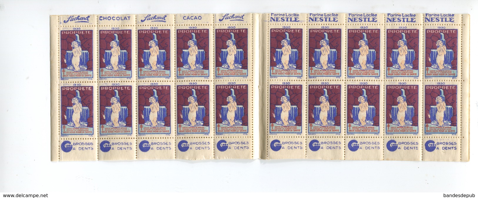 CARNET ANCIEN 1930 Complet 20 Timbres  Tuberculose Antituberculeux PUB SUCHARD NESTLE GIBBS DENT FYFFES BANANES - Antituberculeux