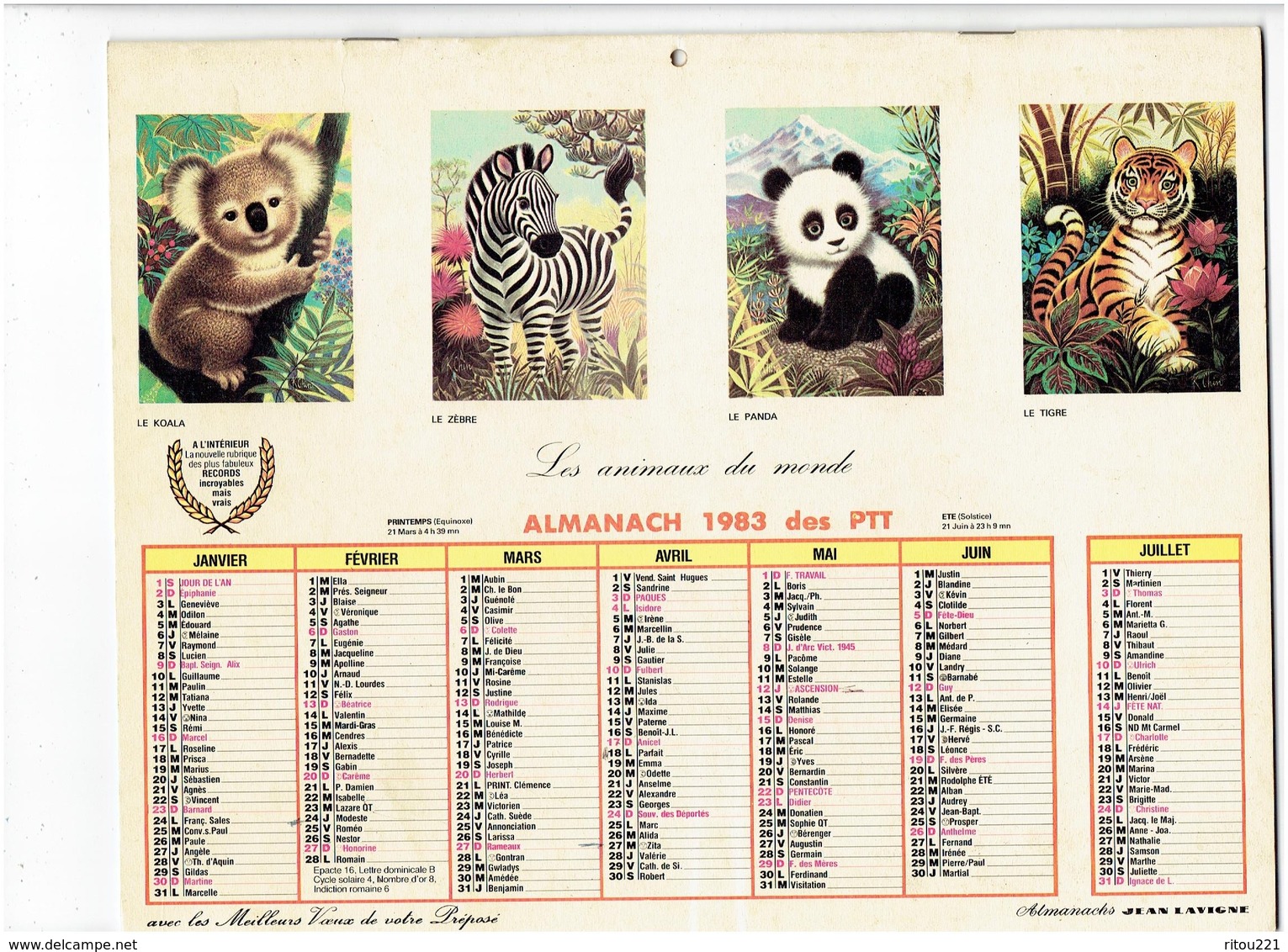 Grand Calendrier Almanach P.T.T. Facteur - 1983 La Chouette Chat Faon Champignon Chien Koala Zèbre Panda Tigre K.CHIN - Tamaño Grande : 1981-90