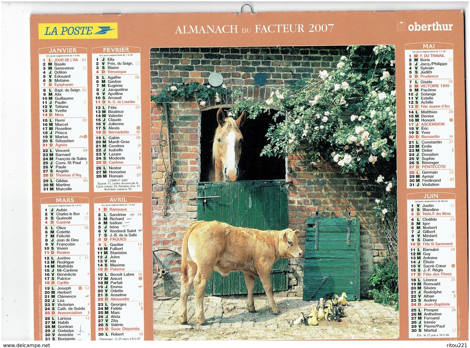 Lot 3 Grand Calendrier P.T.T. Facteur 2007-1984-1985 Chèvre âne Cheval Veau Canard NICOLE DELVAL Lapin Rhubarbe Foin - Tamaño Grande : 1981-90