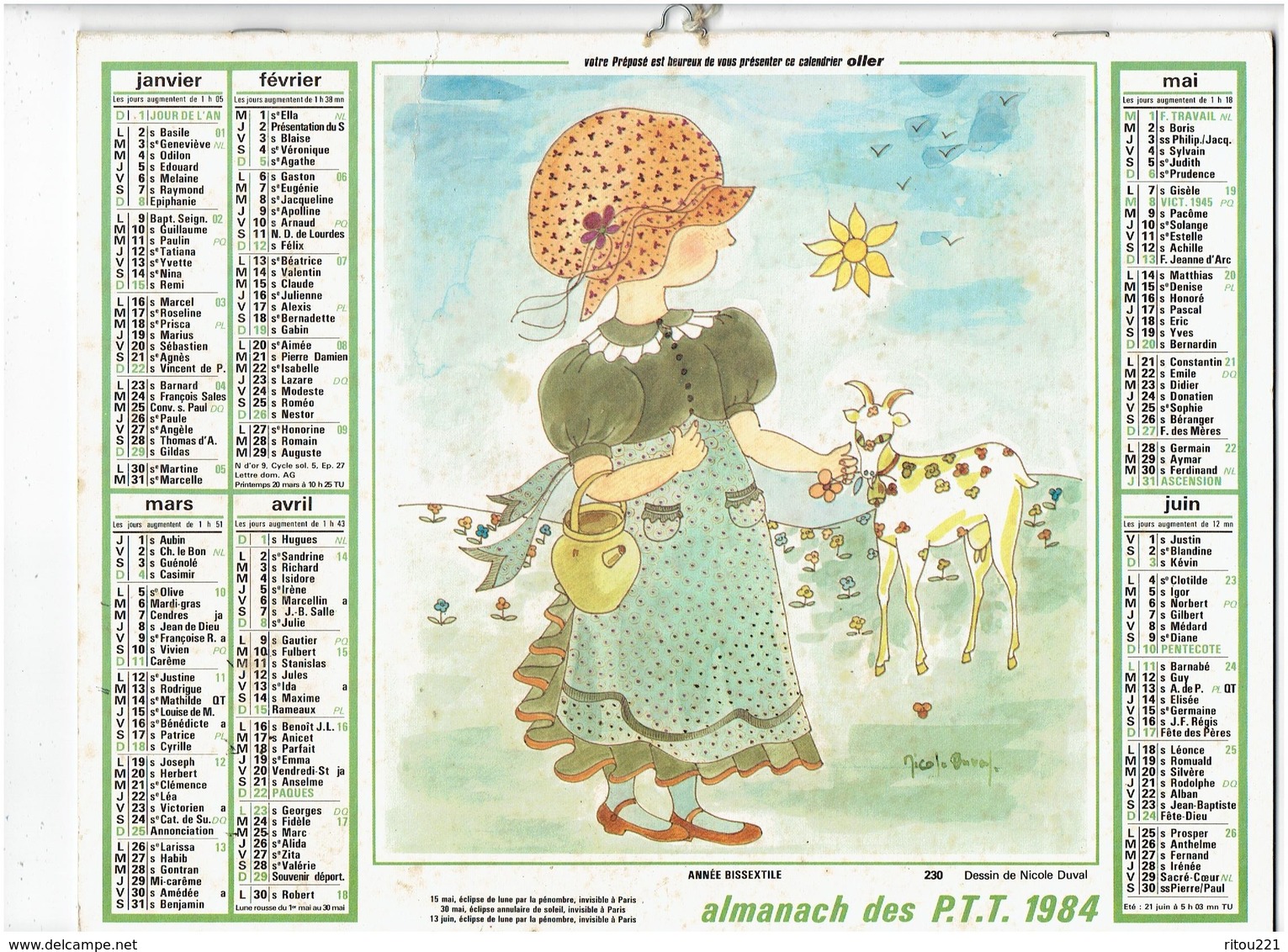 Lot 3 Grand Calendrier P.T.T. Facteur 2007-1984-1985 Chèvre âne Cheval Veau Canard NICOLE DELVAL Lapin Rhubarbe Foin - Tamaño Grande : 1981-90