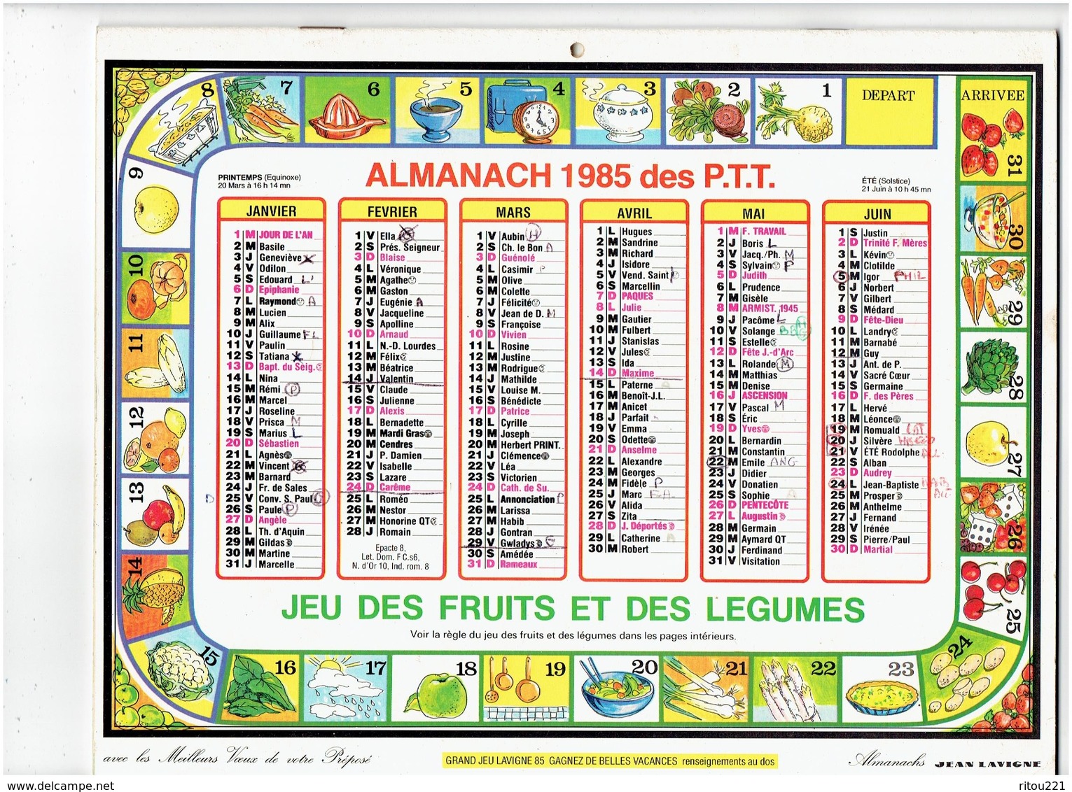 Grand Calendrier 1985 Jeu De L'oie FRUITS Et LÉGUMES Champignon Dé POMME GIROLLE Avocat Raison Potiron Noisette Asperge - Big : 1981-90