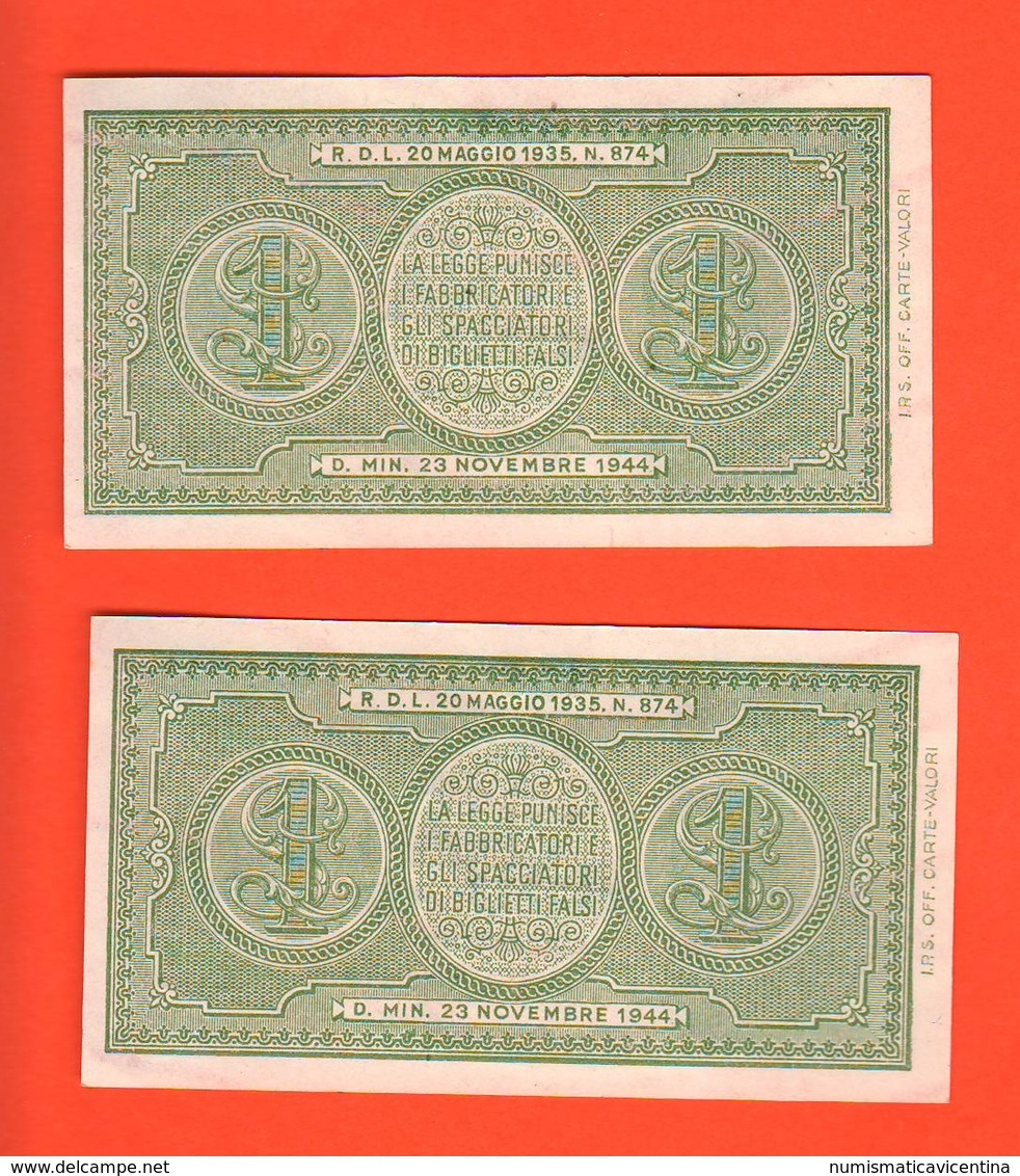 2 X 1 Lira 1944 RSI Numeri CONSECUTIVI - Italia – 1 Lira