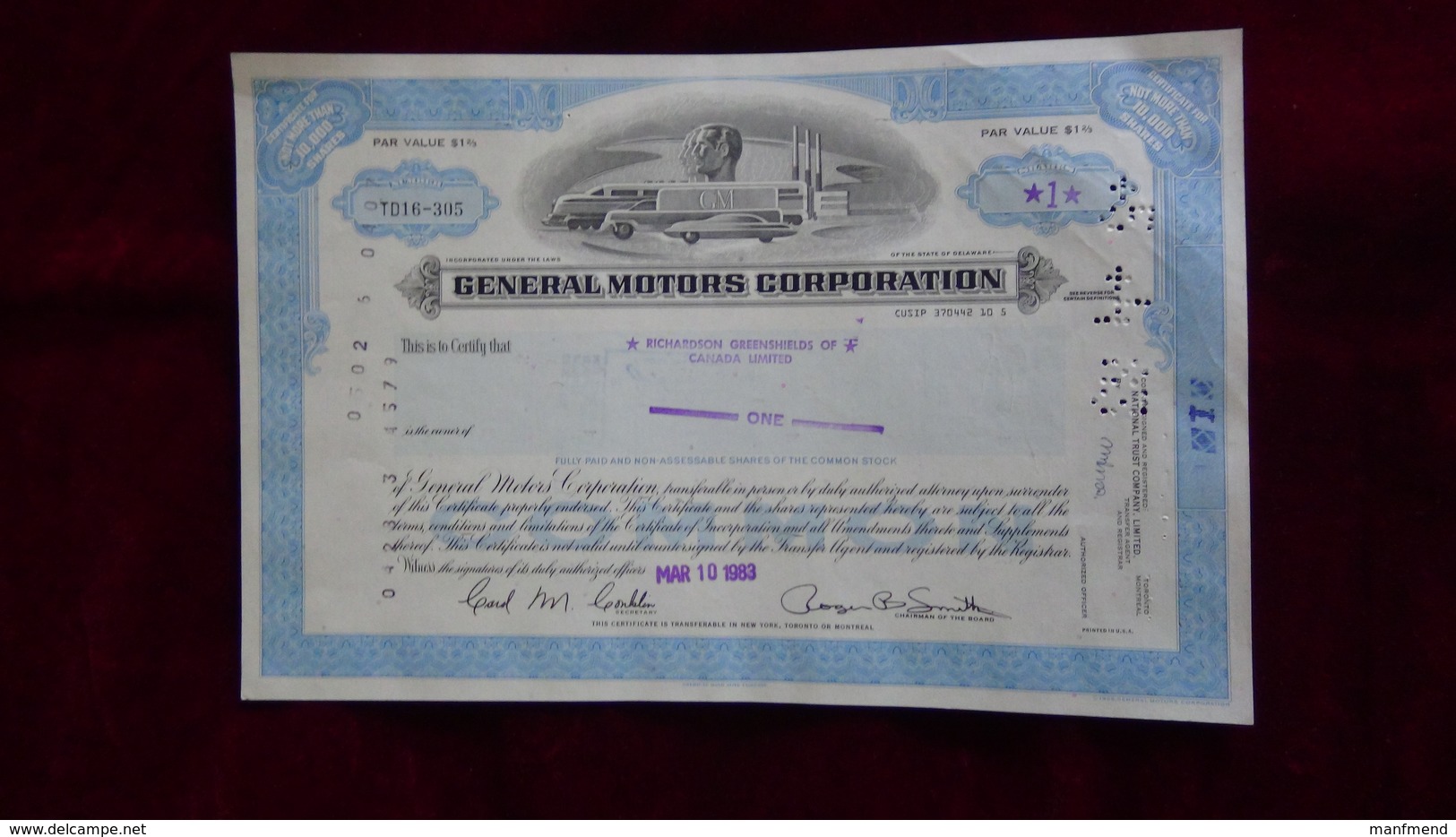 USA - 1983 - General Motors Corporation - 1 Share - No.TD16-305 - Look Scans - Cars