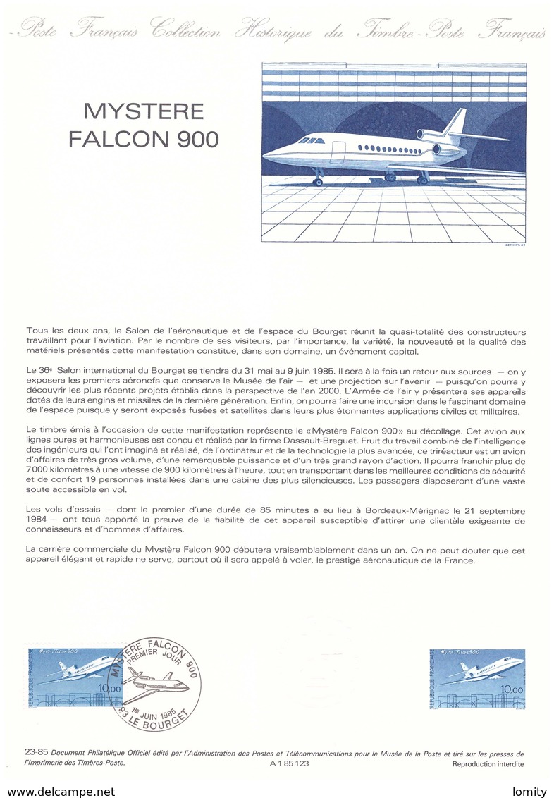 France Document Philatelique Officiel Avion Aviation Mystere Falcon 900 Année 1985 Document N°23 - Documents De La Poste