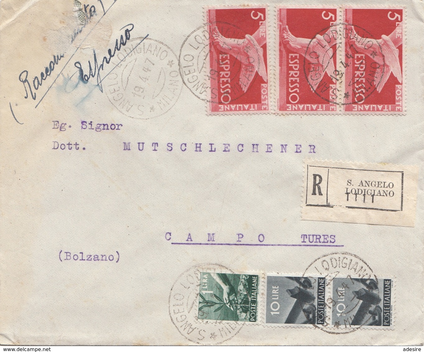 ITALIEN R-Brief 1947 - Esspresso Mehrfachfrankatur Und Viele Stempel Auf R-Brief Gel.1947 V.S.Angelo > Tures Bolzano ... - 1946-47 Corpo Polacco Period