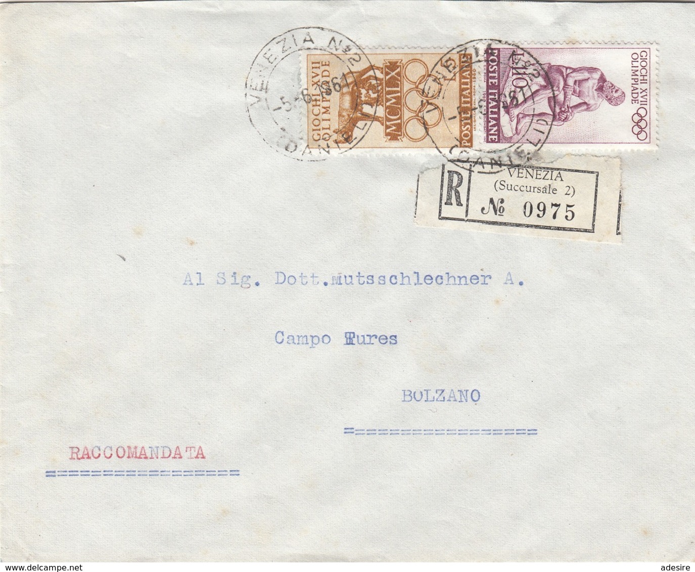 ITALIEN R-Brief 1961 - 2 Olympia Sondermarken Auf R-Brief Gel.1947 V.Venezia > Tures Bolzano ... - 1946-47 Corpo Polacco Period