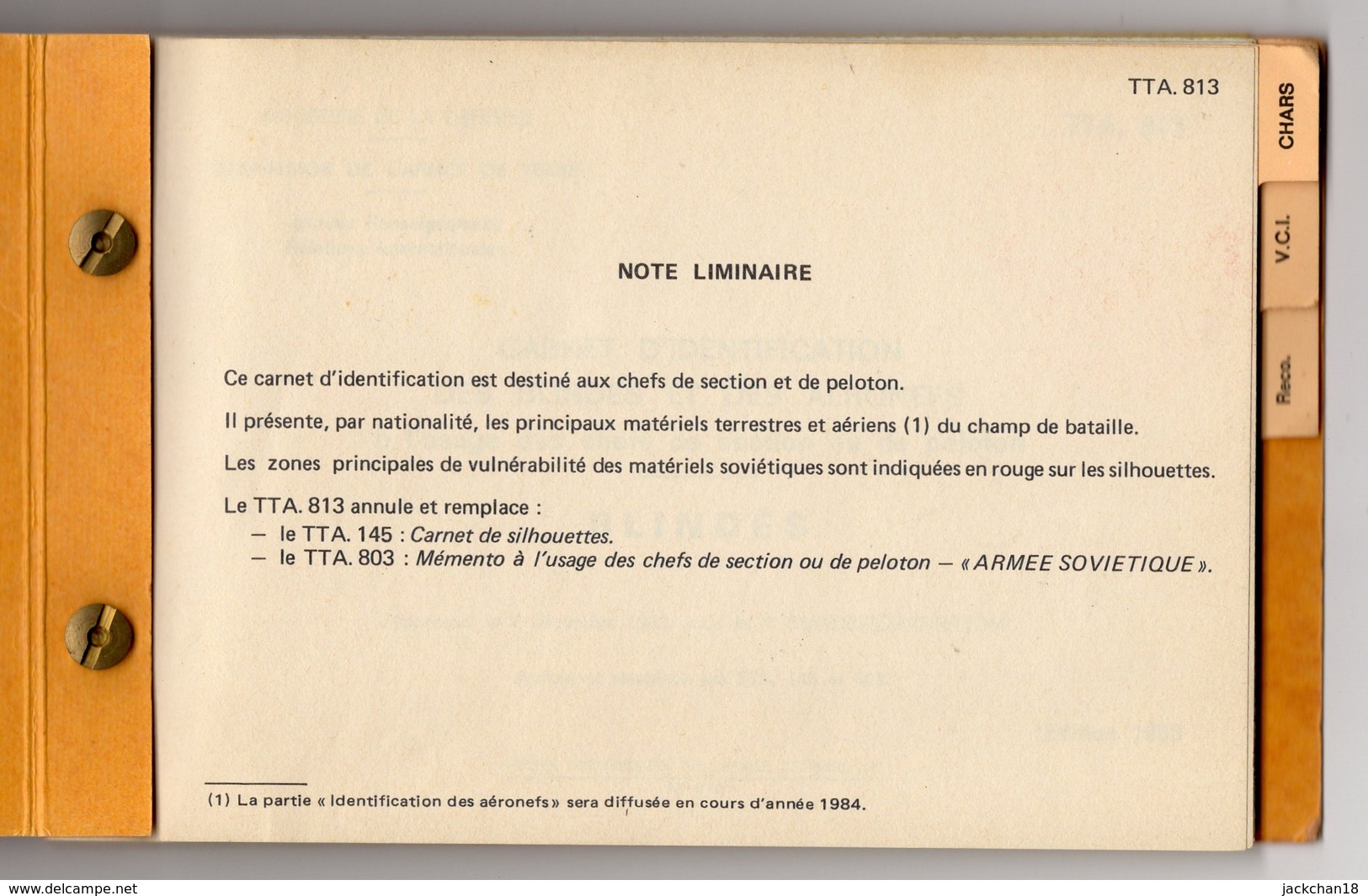 - MILITARIA - CARNET D'IDENTIFICATION DES BLINDES ET DES AERONEFS - 1983 TB - France