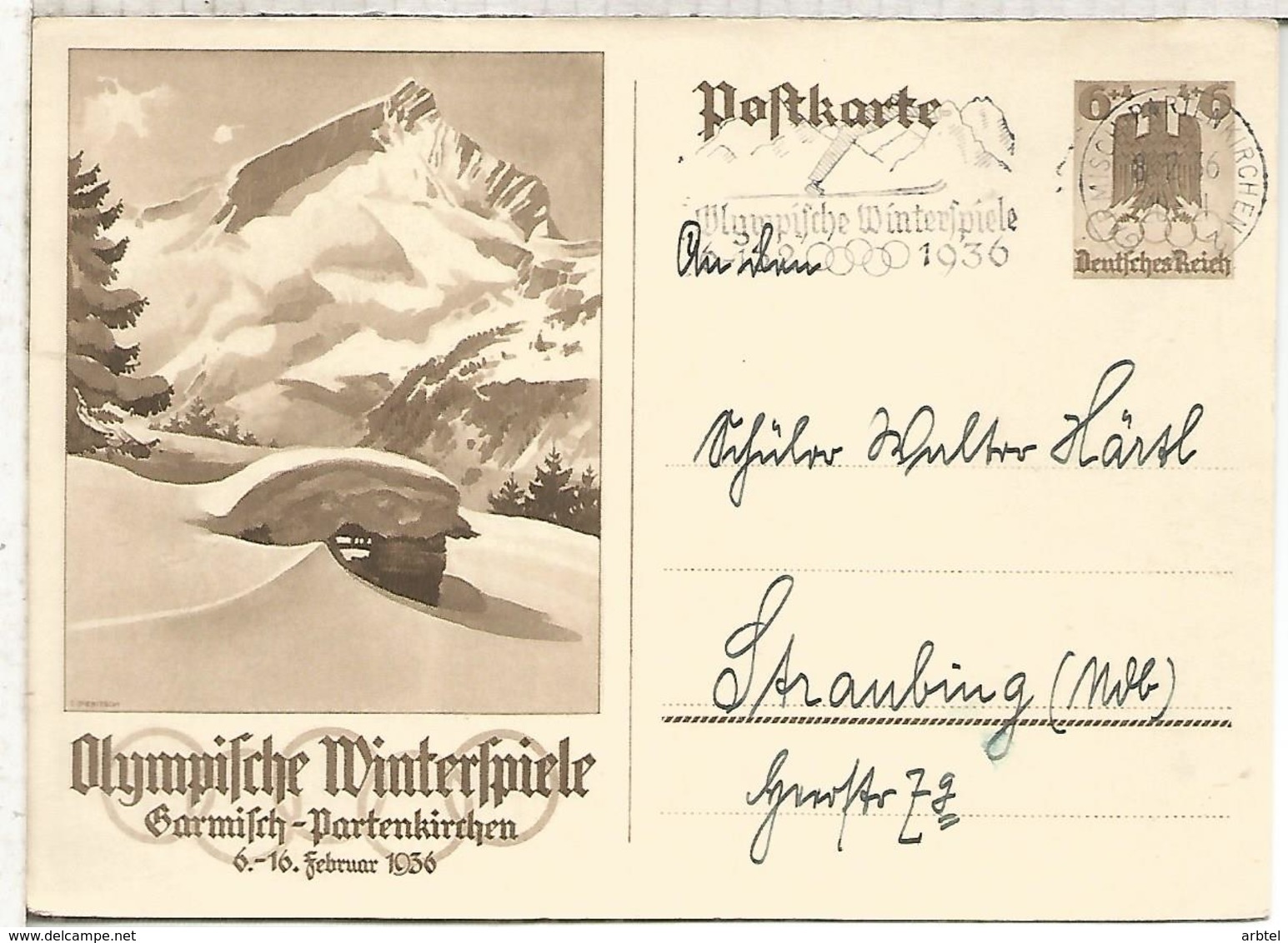 ALEMANIA REICH ENTERO POSTAL JUEGOS OLIMPICOS GARMISCH PARTENKIRCHEN 1936 MAT RODILLO SKI - Hiver 1936: Garmisch-Partenkirchen