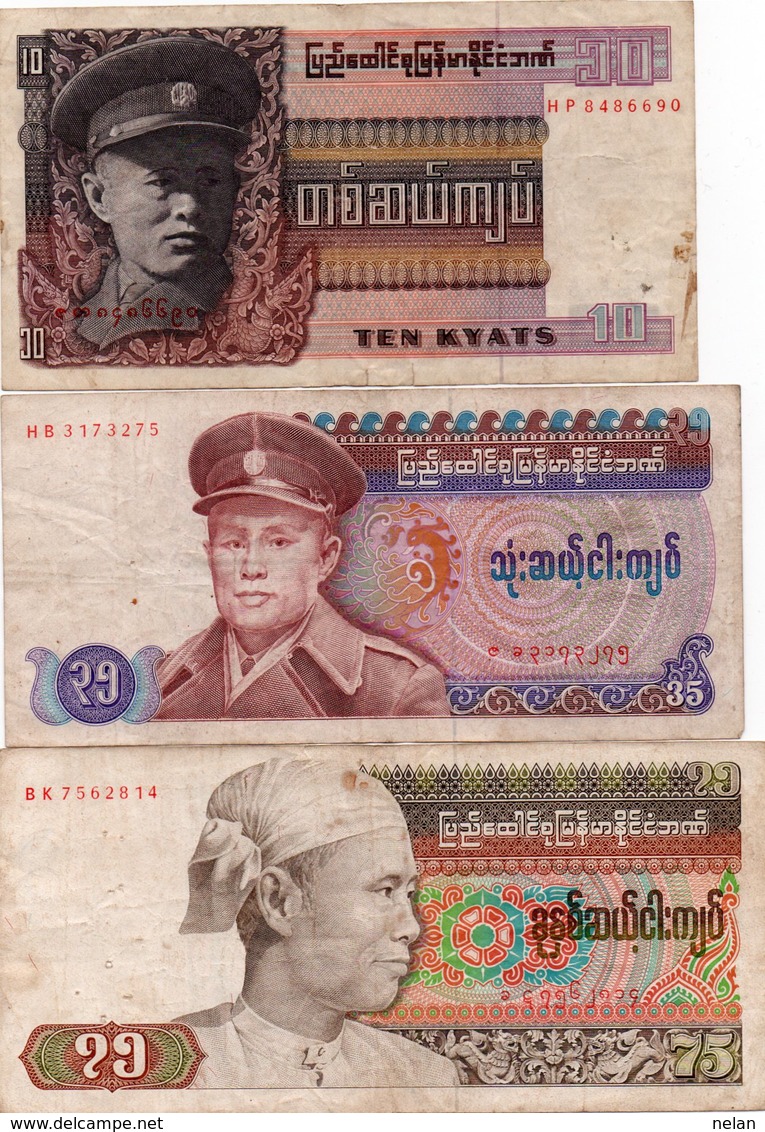 BIRMANIA-BURMA-10,35,75 KYATS- 1973,85,86-  P-58,63,65 - Altri – Asia