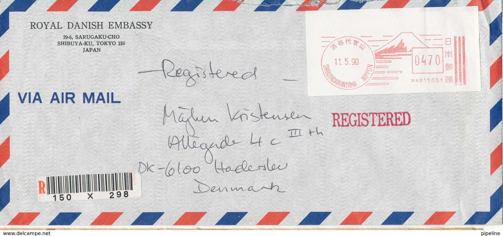 Japan Registered Air Mail Cover With Meter Cancel 11-5-1990 (Royal Danish Embassy) - Poste Aérienne