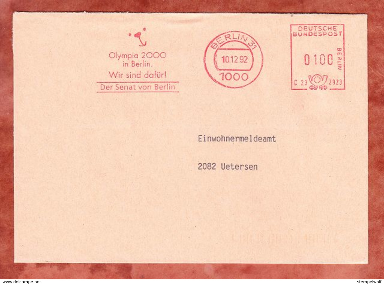 Brief, Hasler C23-2923, Olympia 2000 In Berlin, 100 Pfg, 1992 (50025) - Maschinenstempel (EMA)