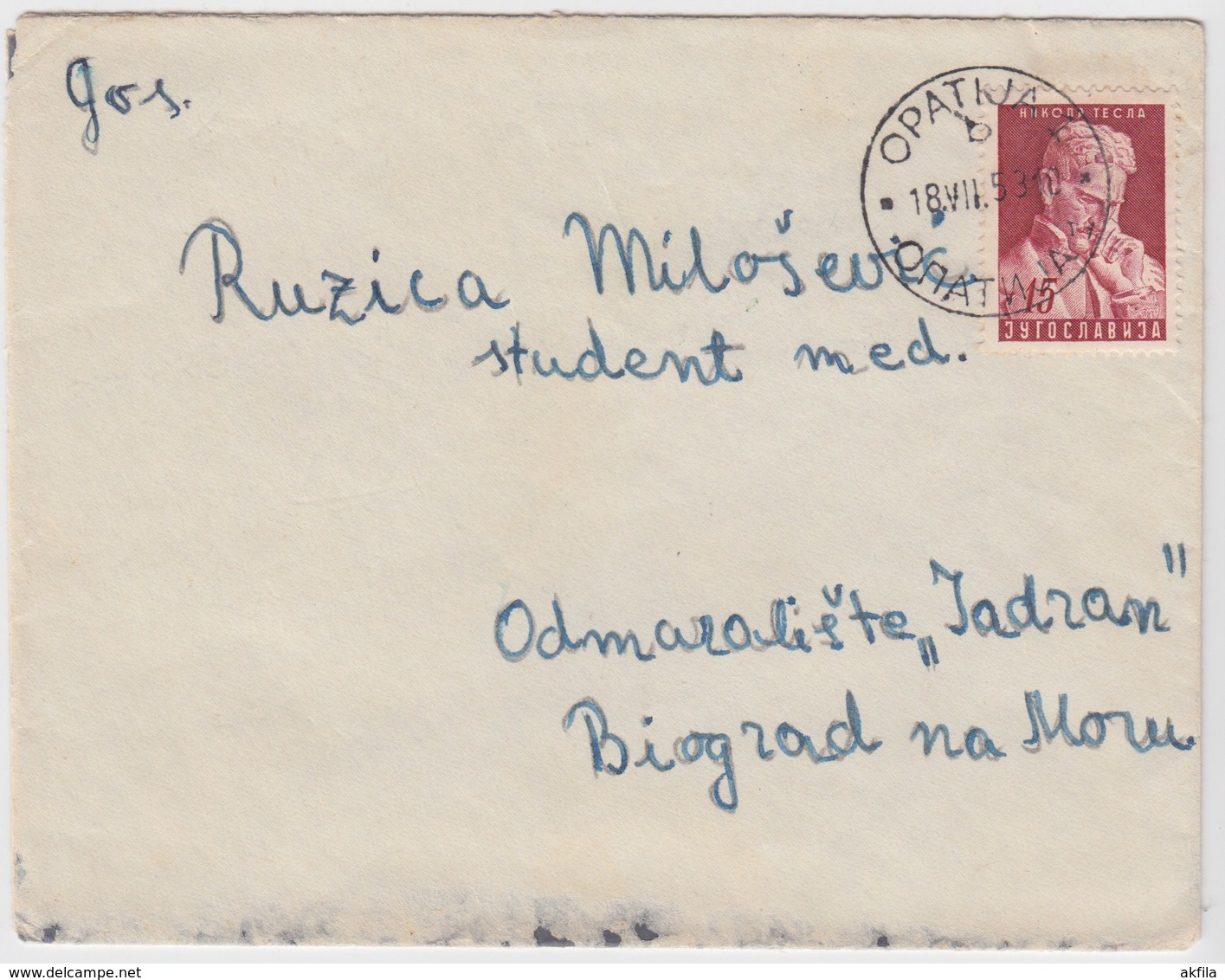 Yugoslavia 1953 Nikola Tesla, Letter From Opatija To Biograd Na Moru - Covers & Documents