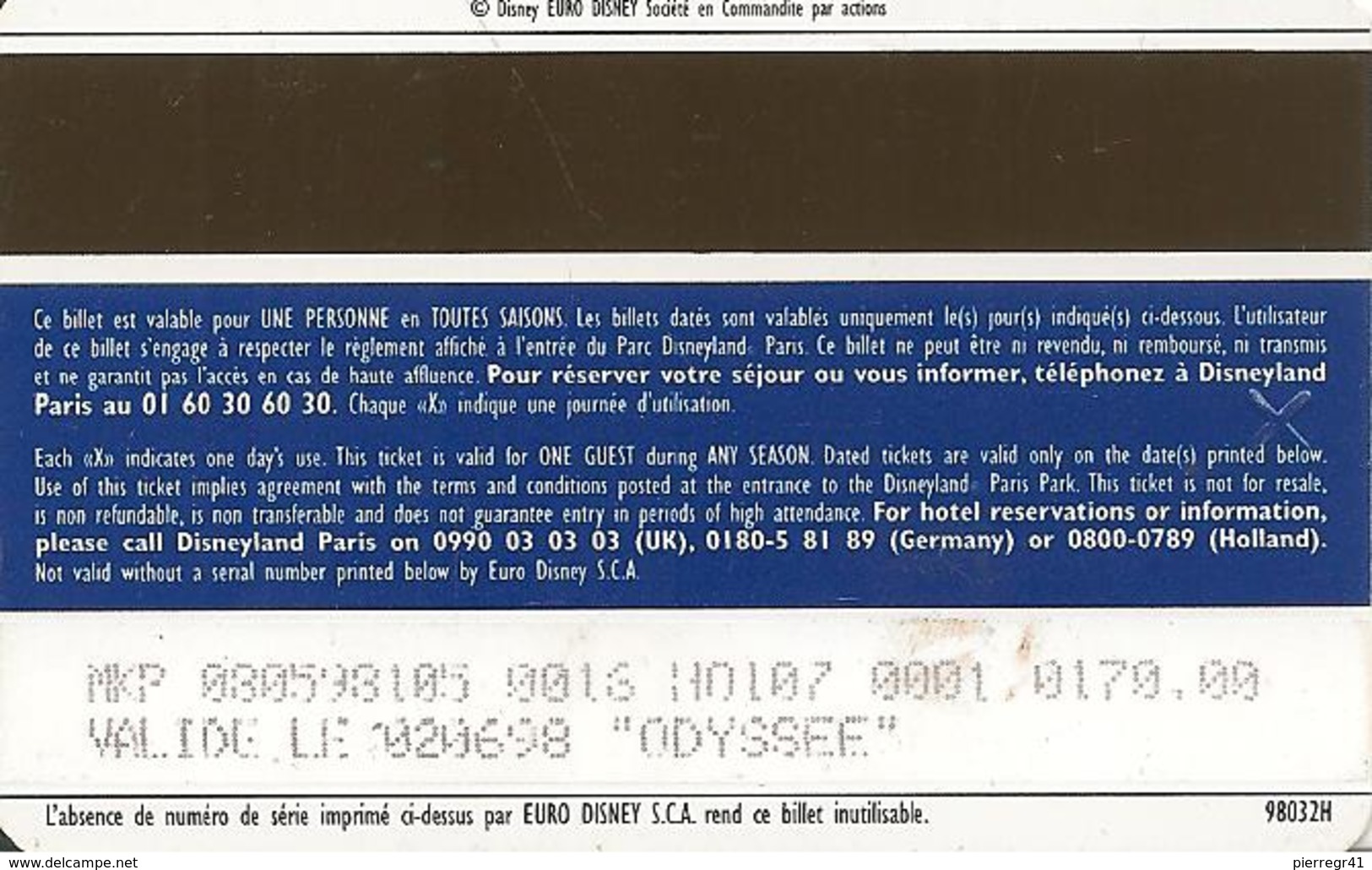 PASS--DISNEY-DISNEYLAND PARIS-1998-HERCULE ADULTE-V° SerieN°98032H-TBE - Disney-Pässe