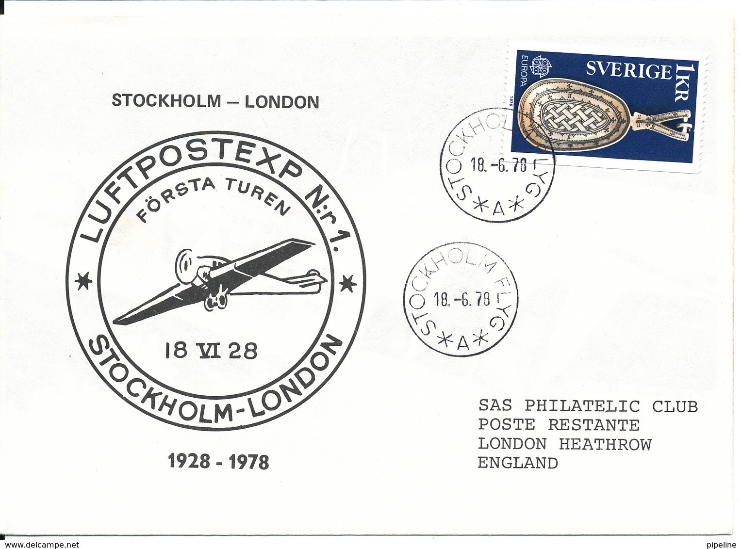 Sweden Flight Cover 18-6-1978 50th Anniversary For The First Flight Stockholm - London 18-6-1928 - Covers & Documents