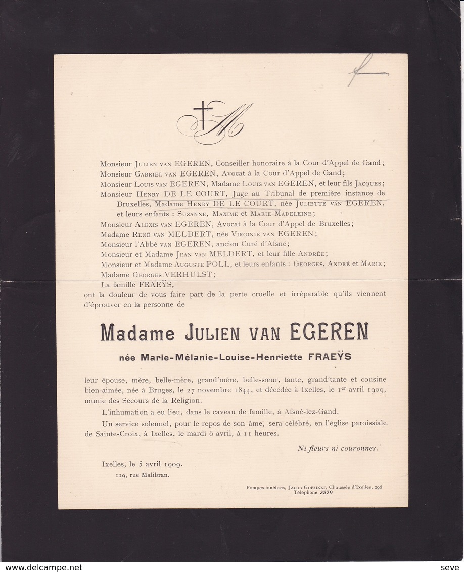 AFSNE-lez-Gand Marie FRAEYS épouse Julien Van EGEREN Bruges 1844 Ixelles 1909 - Avvisi Di Necrologio