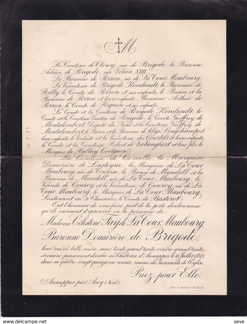 Château D'ANNAPPES Par ASCQ Nord Célestine FAY De La TOUR MAUBOURG Baronne Douairière De BRIGODE 95 Ans 1893 VILAIN - Décès