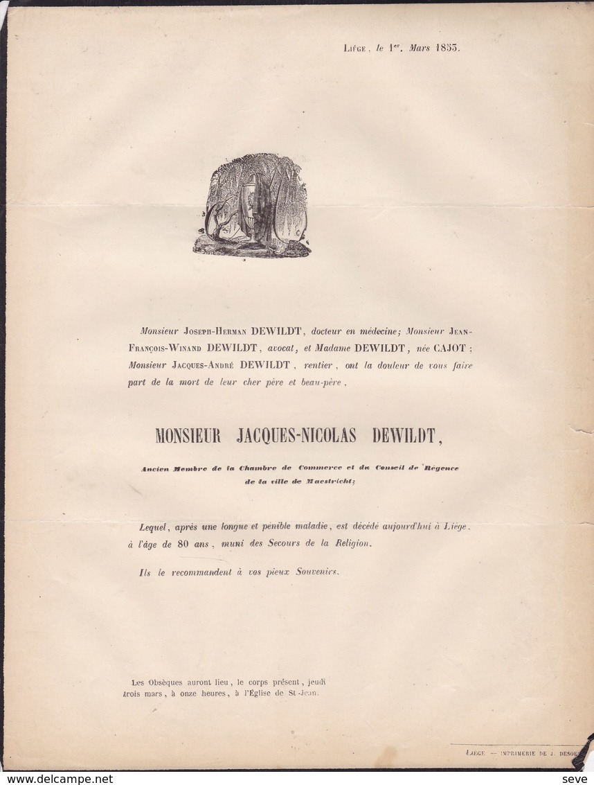 MAESTRICHT LIEGE Jacques-Nicolas DEWILDT 80 Ans 1855 Ancien Conseiller De Régence Et Chambre De Commerce Maestricht - Avvisi Di Necrologio