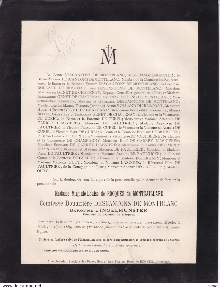 PARIS INGELMUNSTER Virginie De MONTGAILLARD Comtesse Douairière DESCANTONS De MONTBLANC 77 Ans 1889 - Avvisi Di Necrologio