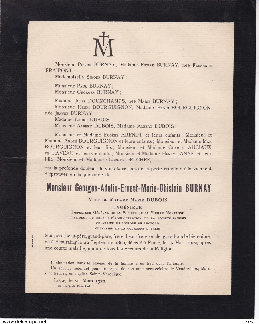 BEAURAING ROME Georges BURNAY Veuf DUBOIS Ingénieur 1860-1922 Inspecteur Société De La Vieille Montagne - Décès