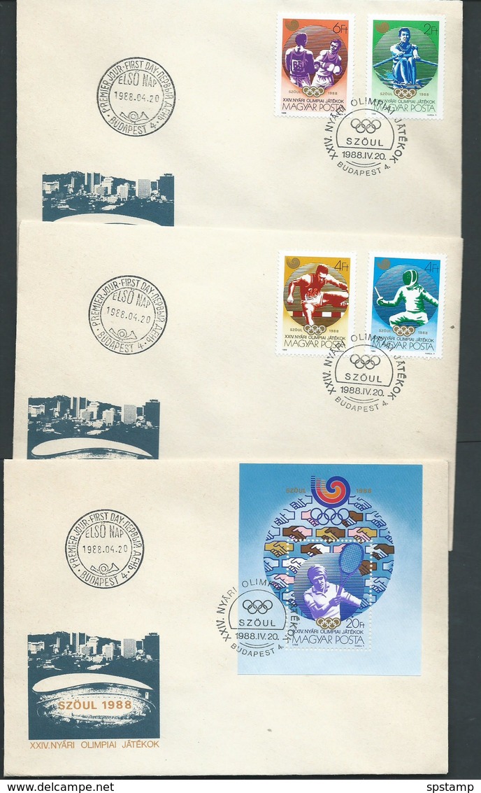 Hungary 1988 Seoul Olympic Games Set 4 & Miniature Sheet On 3 FDC Fine Unaddressed - Covers & Documents