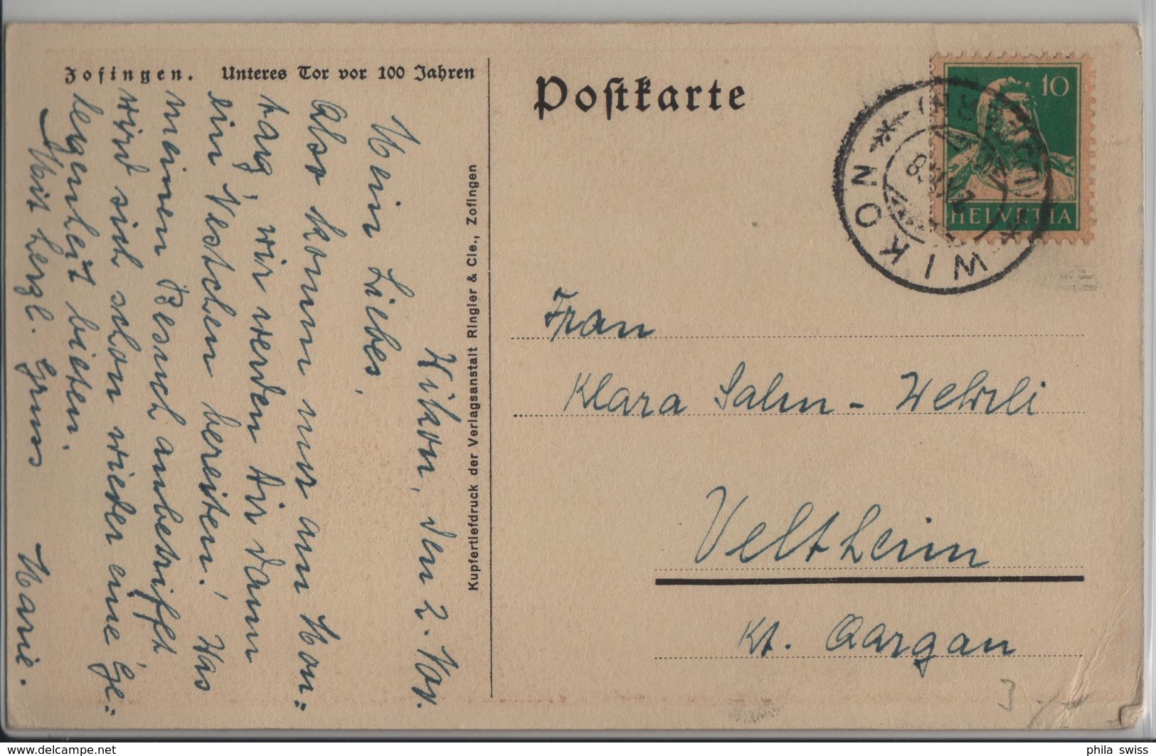Zofingen - Unteres Tor Vor 100 Jahren - Stempel: Wikon - Zofingen