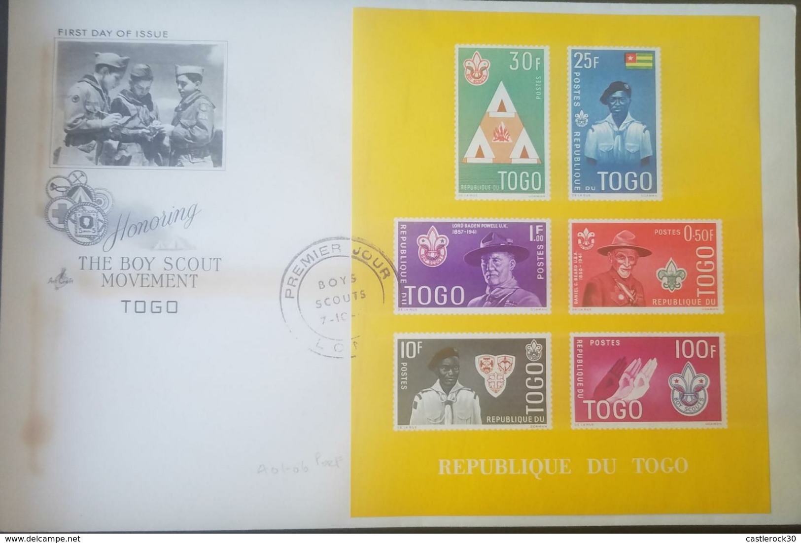 L) 1961 REPUBLIC OF TOGO, SCOUT, HONORING THE BOY SCOUT MOVEMET, YELLOW, FLAG, PEOPLE, DANIEL CARTER BEARD, ROBERT BADEN - Togo (1960-...)