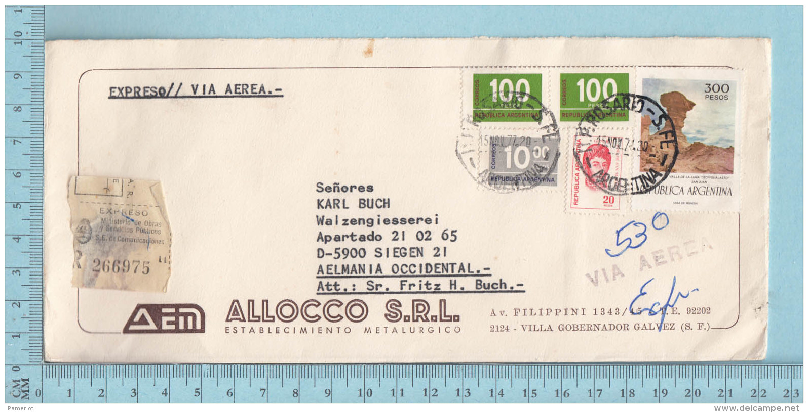 Republica Argentina  -  Expreso// Via Aerio, Many Stamp, Expreso Sticker, Cover Prosario 1977 To Aelmania - Lettres & Documents