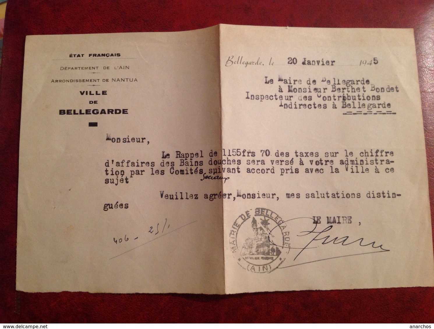 État Français Mairie De Bellegarde 1945 - Other & Unclassified