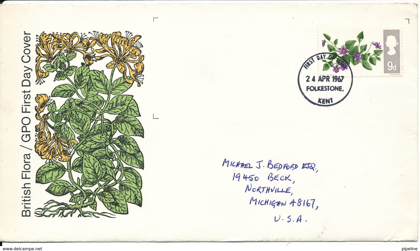 Great Britain FDC 24-4-1967 FLOWERS 9d. Sent To USA - 1952-1971 Pre-Decimal Issues