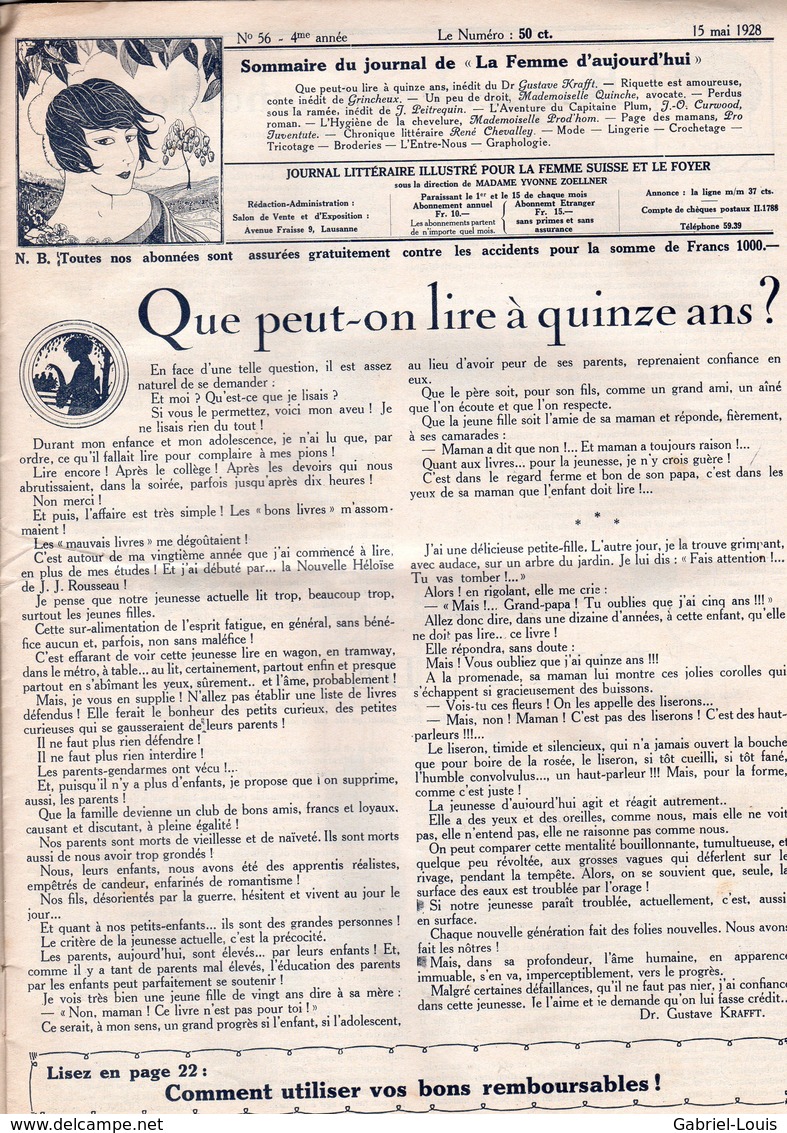 La Femme D'aujourd'hui - Suisse Romande - Revue Mensuelle Féminine No 57 - 15 Mai 1928 - Lausanne - 28 Pages - Mode - 1900 - 1949