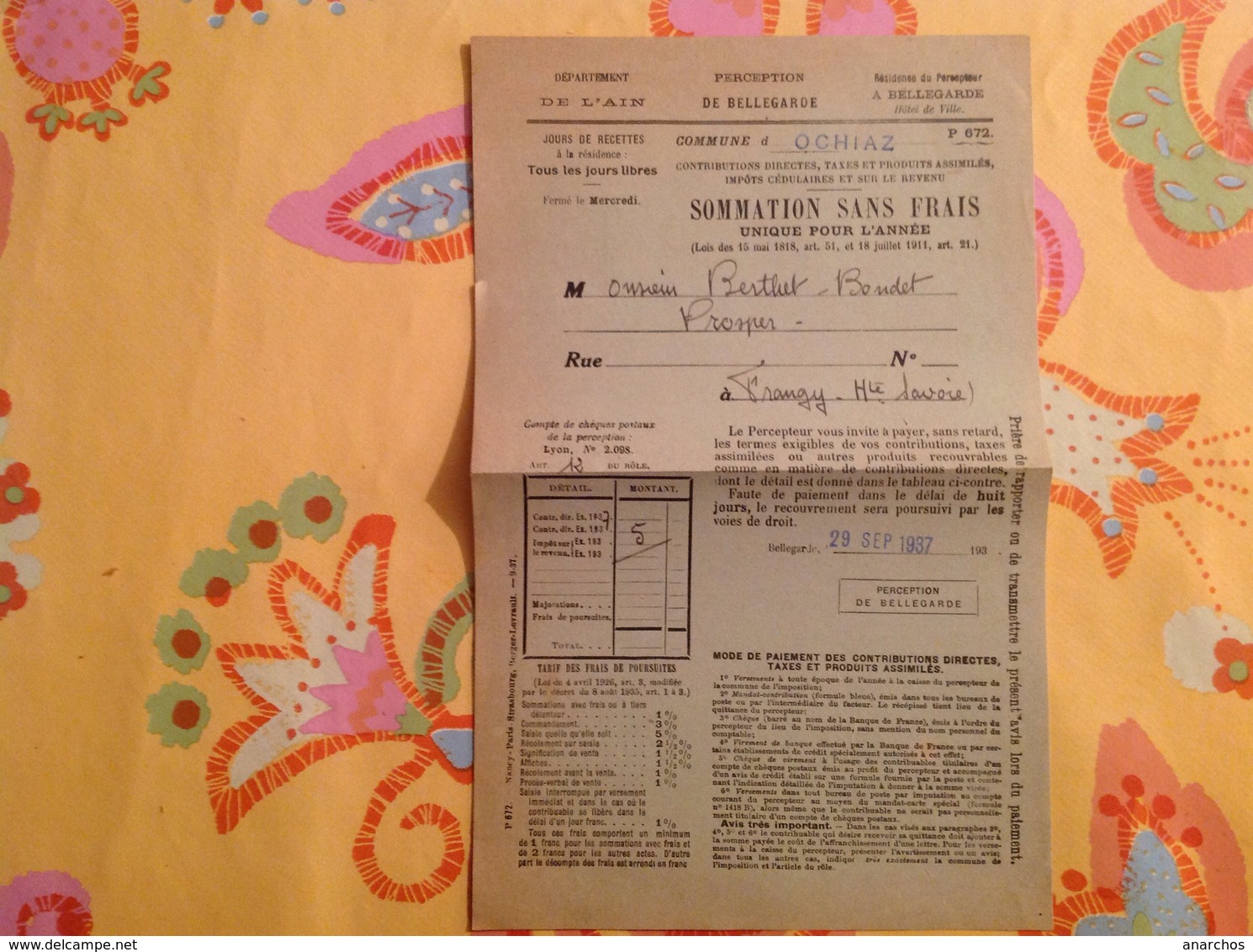 Ochiaz Bellegarde Sommation Berthet Bondet 1937 - Other & Unclassified