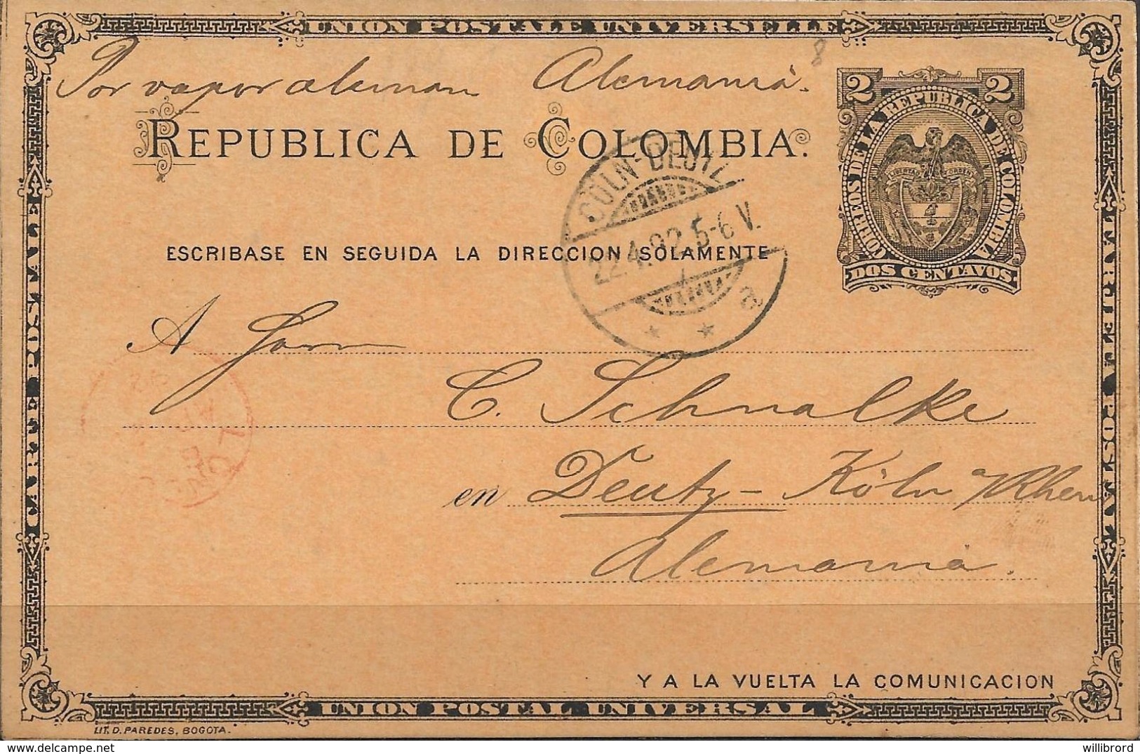 Colombia - 2c Arms Postal Card - 1892 To Germany - Por Vapor Aleman - London Transit - Colombia