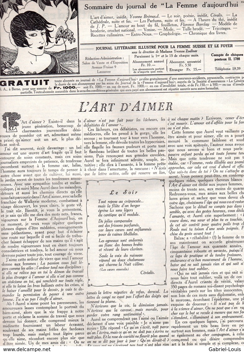 La Femme D'aujourd'hui - Suisse Romande - Revue Bimensuelle Féminine No 42 - 1er Octobre 1927 - Lausanne - 24 Pages-Mode - 1900 - 1949