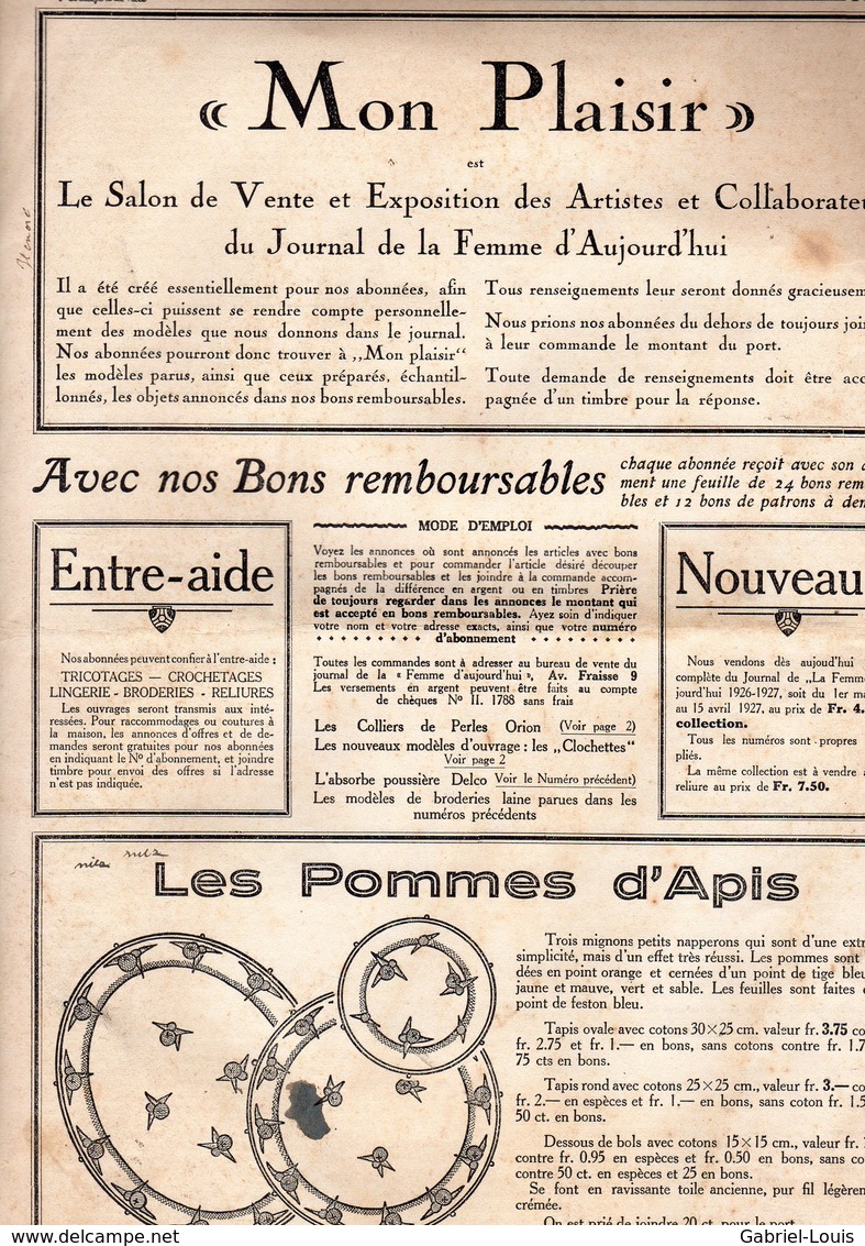 La Femme d'aujourd'hui - Suisse Romande - Revue bimensuelle féminine No 42 - 1er octobre 1927 - Lausanne - 24 pages-Mode