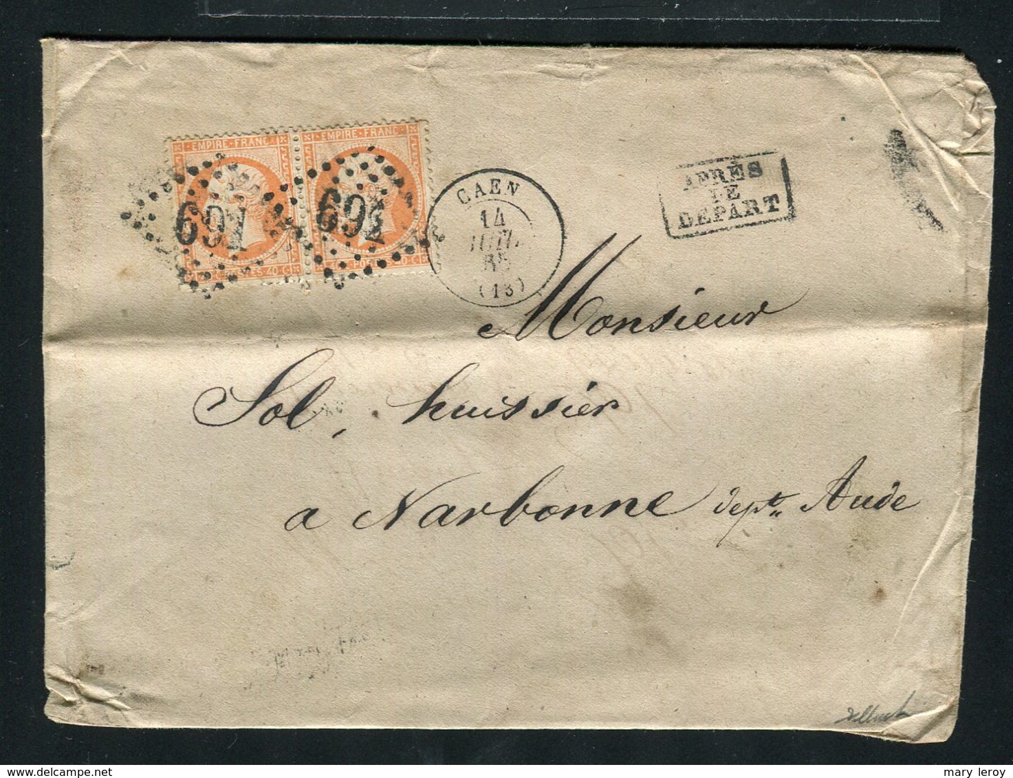 Lettre De Caen Pour Narbonne ( 1865 ) Avec Une Paire De N° 23 - 1862 Napoléon III