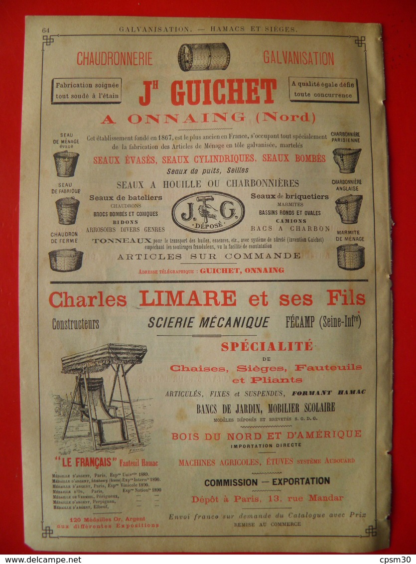 PUB 1892 - Fourneaux De Cuisine Nantes 44; Galvanisation à Onnaing 59; Hamacs Sièges à Fécamp 76 - Publicités