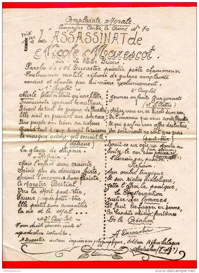 DOCUMENT A4  (Réf C217) (VIEUX PAPIERS ) COMPLAINTE MORALE L'ASSASSINAT DE NICOLE MARESCOT AIR DE VALSE BRUNE - Unclassified