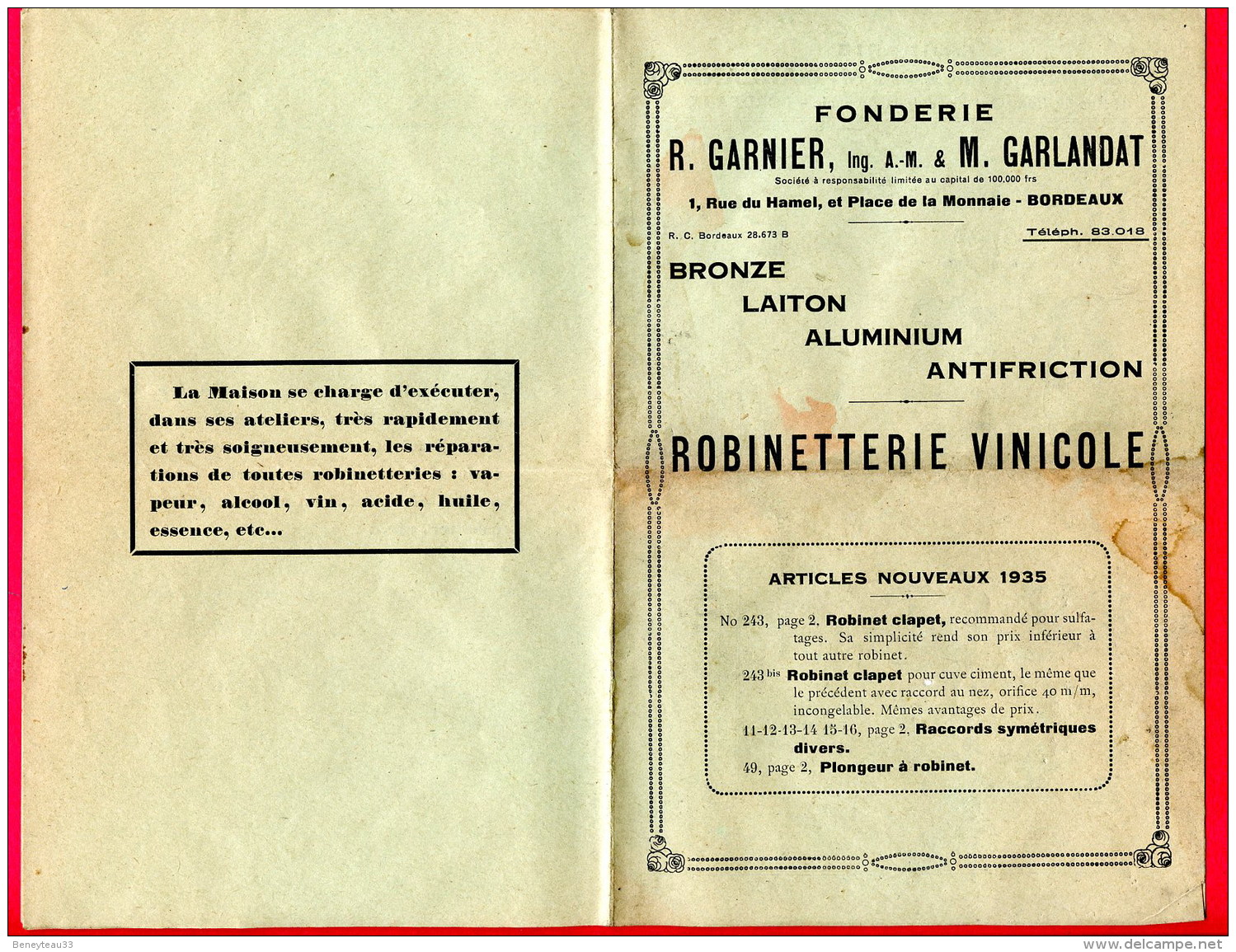 PUBLICITÉ (Réf C247) FONDERIE R. GARNIER M. GARLANDAT BORDEAUX ROBINETTERIE VINICOLE - Publicités