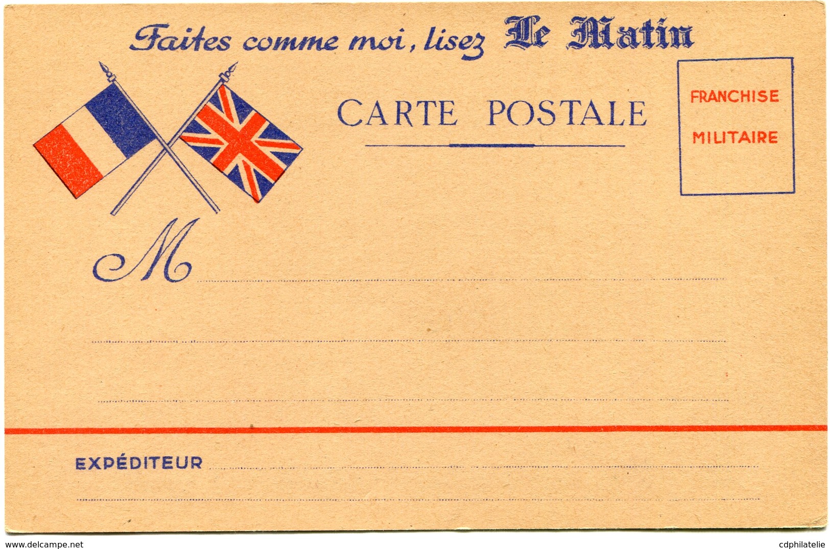 FRANCE CARTE DE FRANCHISE MILITAIRE NEUVE AVEC PUBLICITE "FAITES COMME MOI, LISEZ LE MATIN" + AU DOS "MON FLACON....." - Lettres & Documents