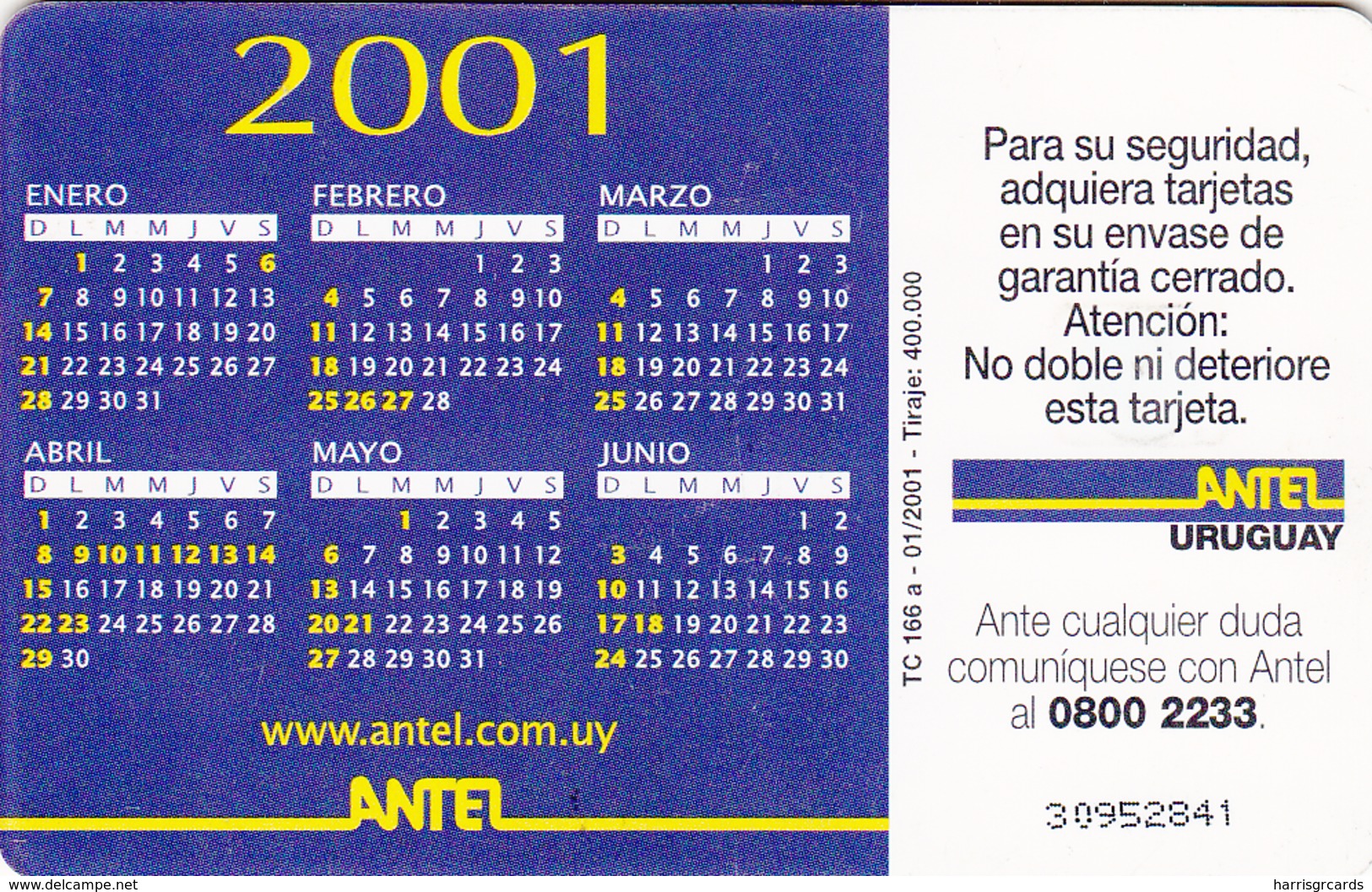 URUGUAY - Calendar 2001, TC 166a, 25 $ , Tirage 400.000, Used - Uruguay