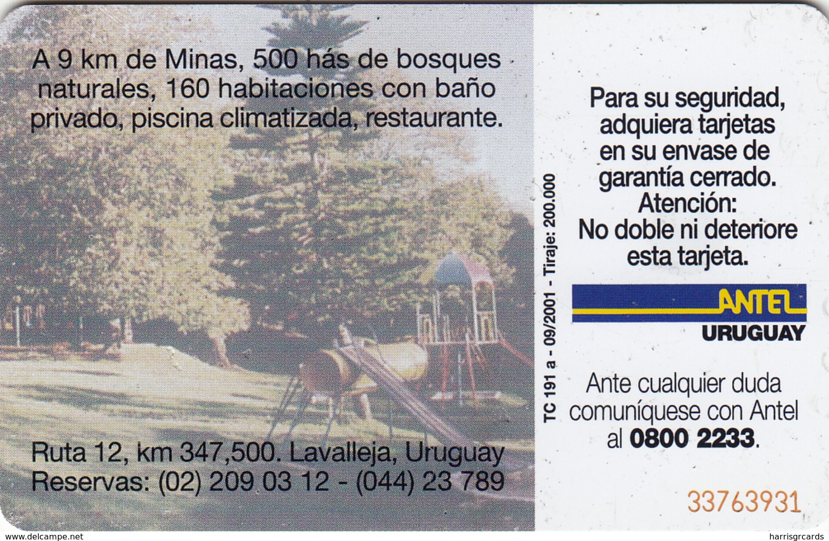 URUGUAY - Parque De Vacaciones Ute-antel, TC 191a, 25 $ , Tirage 200.000, Used - Uruguay