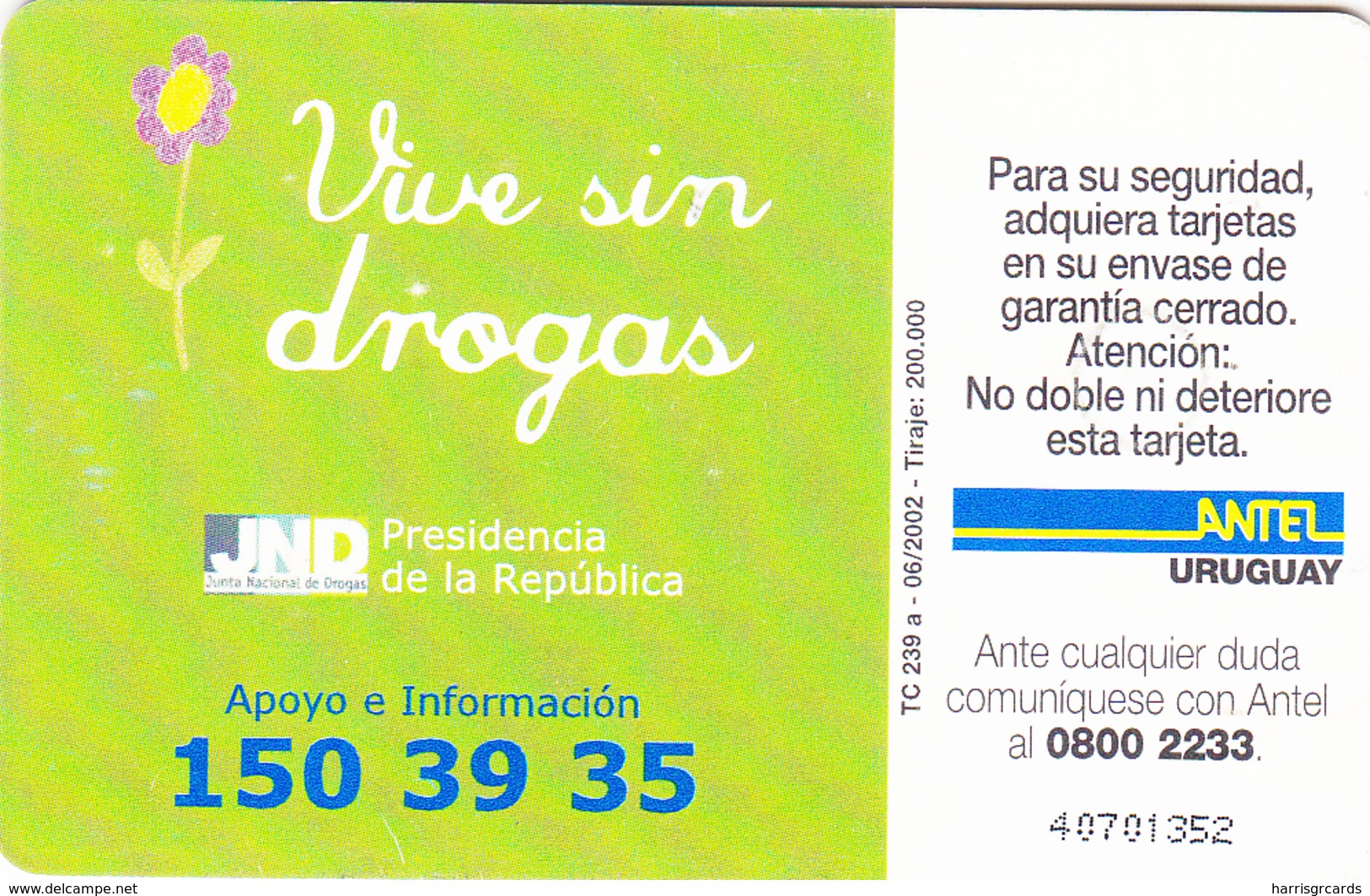 URUGUAY - Vive Sin Drogas, TC 239a, 10 $ , Tirage 200.000, Used - Uruguay