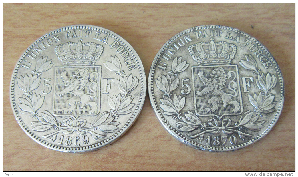 2 Monnaies 5 Francs Belgique Leopold II 1869 Et 1870 En Argent - TTB - 5 Francs