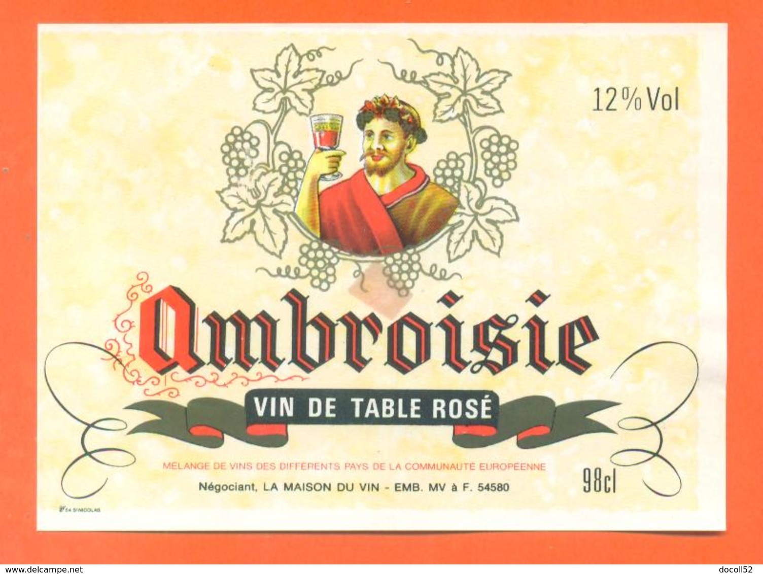 étiquette Vin De Table Rosé Ambroisie Maison Du Vin à 54580 -12°/° - 98 Cl - Rosé (Schillerwein)