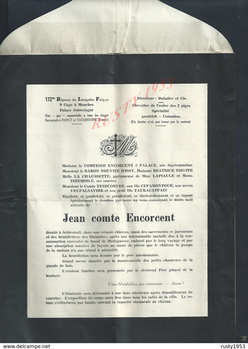 PÈRE CENT ? MILITARIA FAIRE PART DECÉ PLAISENTERIE ? LIRE JEAN COMTE ENCORCENT DECÉDÉ À SCHLESTADT : - Décès