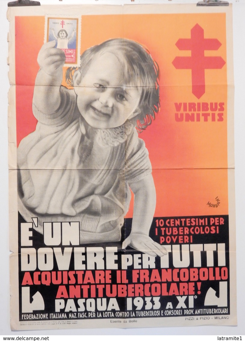 MANIFESTO  VIRIBUS UNITIS E' UN DOVERE PER TUTTI  PASQUA 1933 FRANCOBOLLO ANTITUBERCOLARE  Illustratore MONDAINI - Manifesti