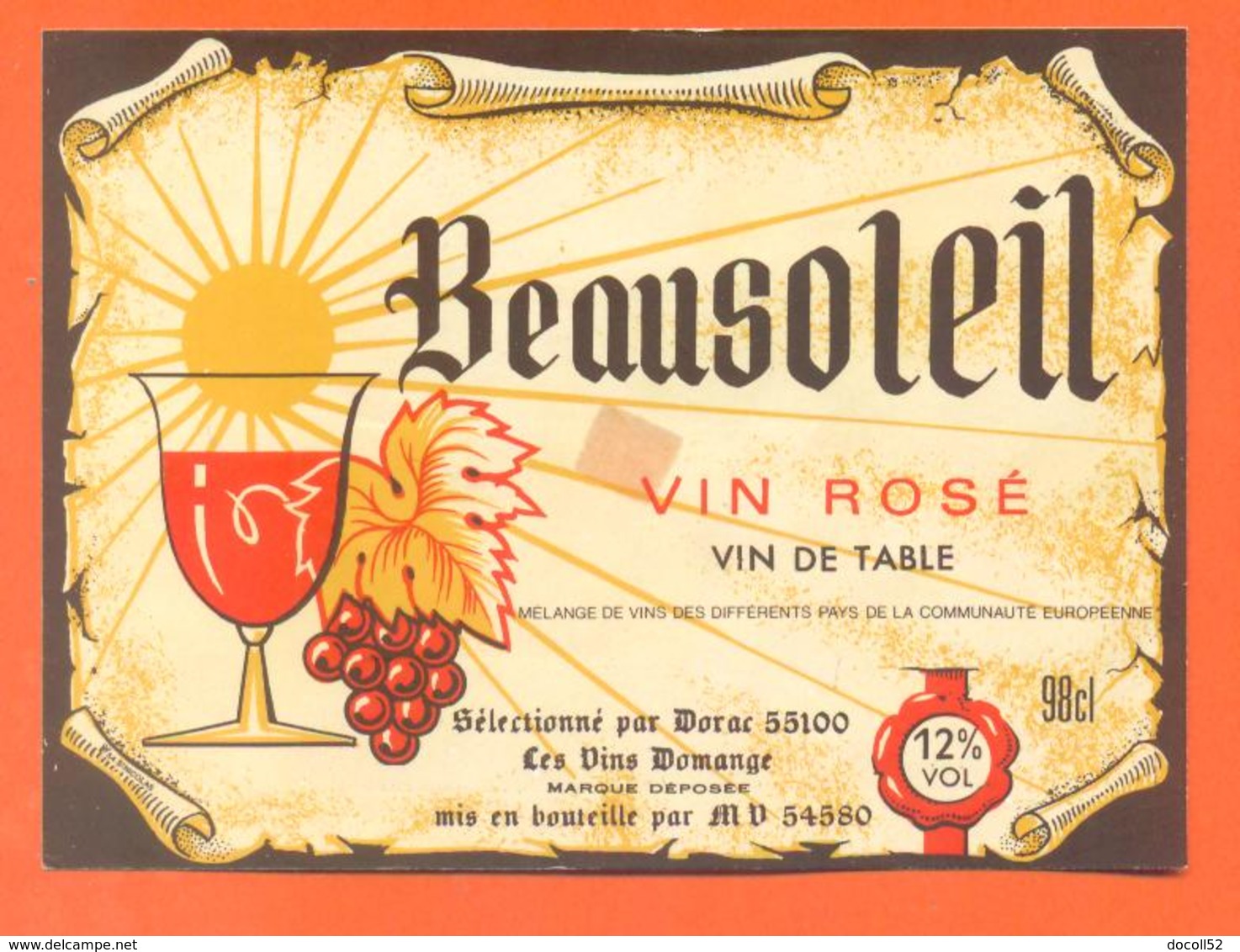 étiquette Ancienne Vin De Table Rosé Beausoleil Vins Domange à 54580 -12°/° - 98 Cl - Rosé (Schillerwein)